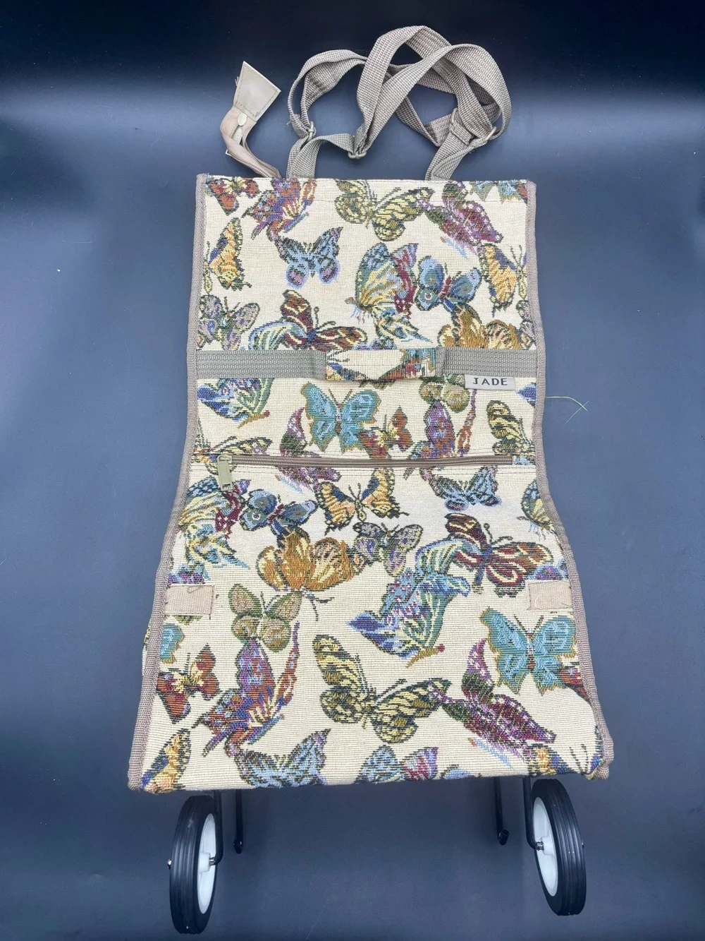 Vintage JADE Butterfly Tapestry Rolling Shopping Bag Folding Cart Tote | 22”